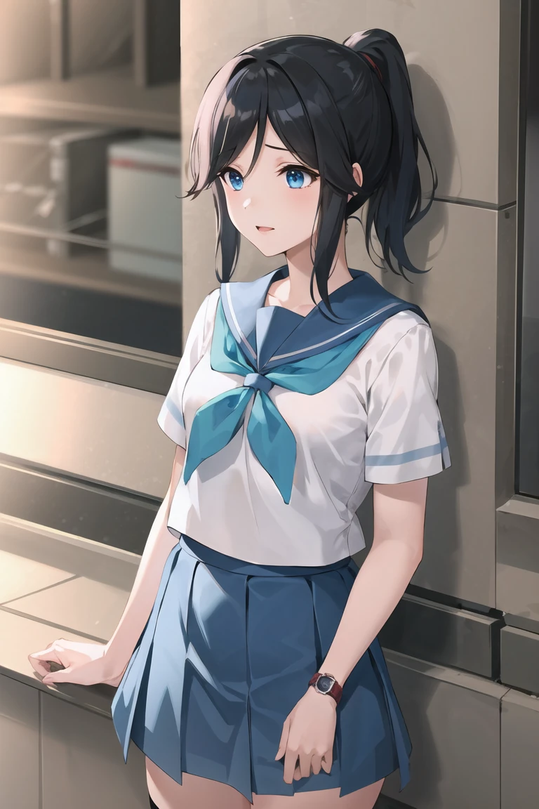 masterpiece, best quality, highres, nozomi1, 1girl, kasaki nozomi, solo, school uniform, blue eyes, black socks, ponytail, sailor collar, blue skirt, black hair, blue sailor collar, pleated skirt, blue neckerchief, short sleeves, long hair, white shirt, kneehighs, wristwatch, bangs, cowboy shot,