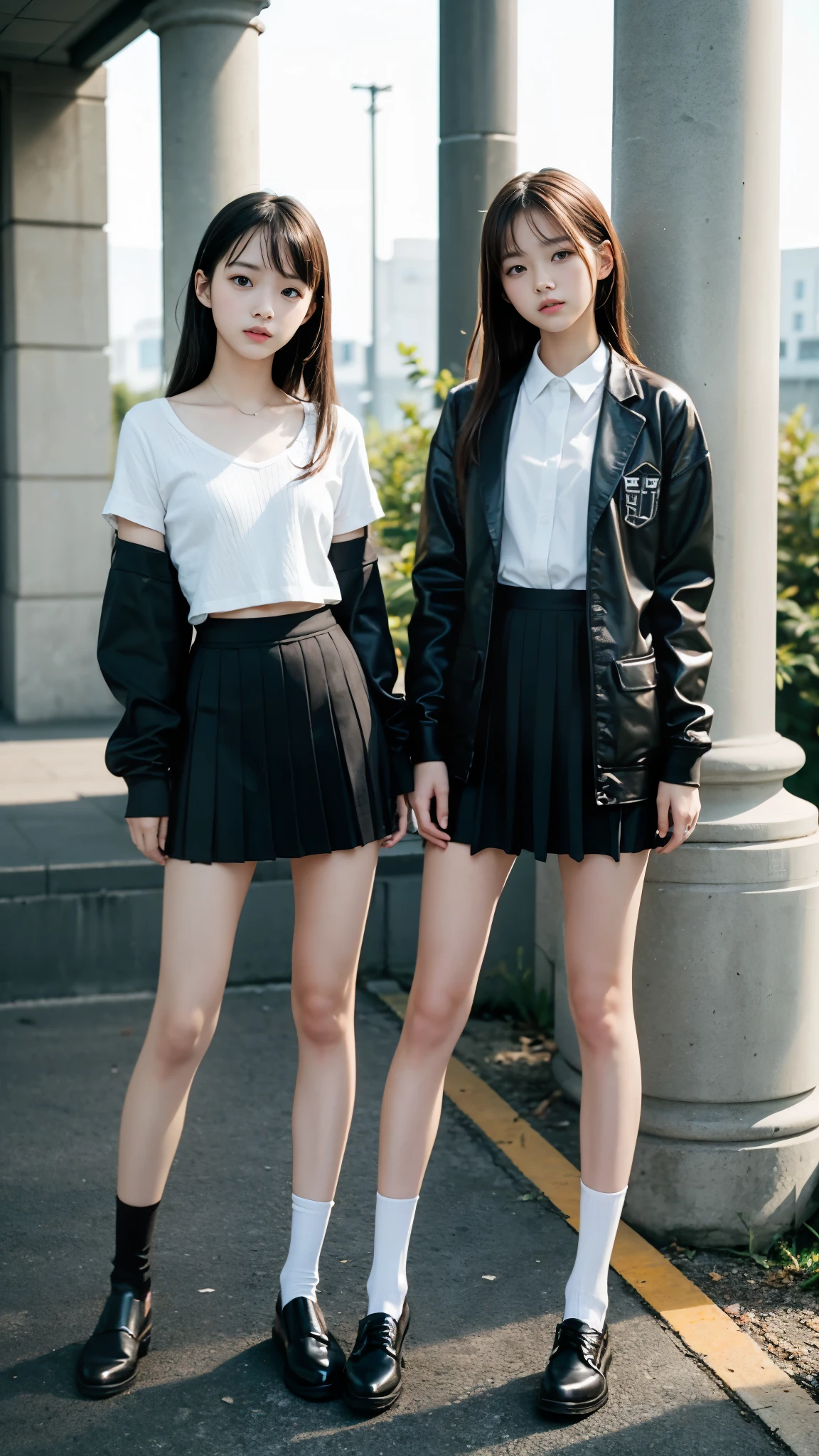 High detail, Textured skin, Very detailed, Ultra high definition, High-resolution model, Detailed face、bare navel、Twins, two girls, two high school girls、(((flat chest))), (flat chest:1.1)、 14years、a junior high school student、School Uniforms、Cute, young, (Full body:1.3)、Ultra-detail、​masterpiece、top-quality、超A high resolution、8K high image quality、Photogenic clarity、A detailed eye、Real live-action、Spring outdoor、Model Standing、Beautiful posture、High detail, Textured skin, Very detailed, Ultra high definition, High-resolution model, 