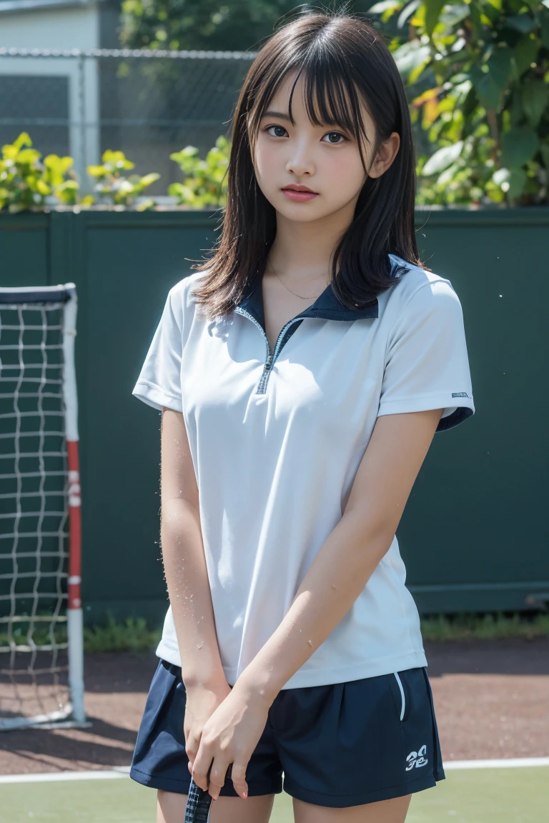 8K, Ultra-high resolution, Highest quality, masterpiece, 三分割法によるphotograph,Surreal, photograph, 1 Girl, (16 years old:1.3), pretty girl, Cute face, Beautiful eyes in every detail, 細かくdetailedに,masterpiece,, One Girl:1.2, Japan Female Announcer,whole body,(Tennis Wear:1.5),(Tennis court:1.5),Pencil Skirt、Knee socks, Attractive thighs, Sensual,A carefree smile,Heal the heart,Black Hair,Short Bob,Looking at the audience、beauty,Long neck、Laugh a little、Please close your mouth and laugh、(((Ideal body type))),A cup small breasts :2,、Portraiture:2、Perfect Anatomy、鮮明なdetailed、detailed、Surreal、Light and shadow,Strong light 