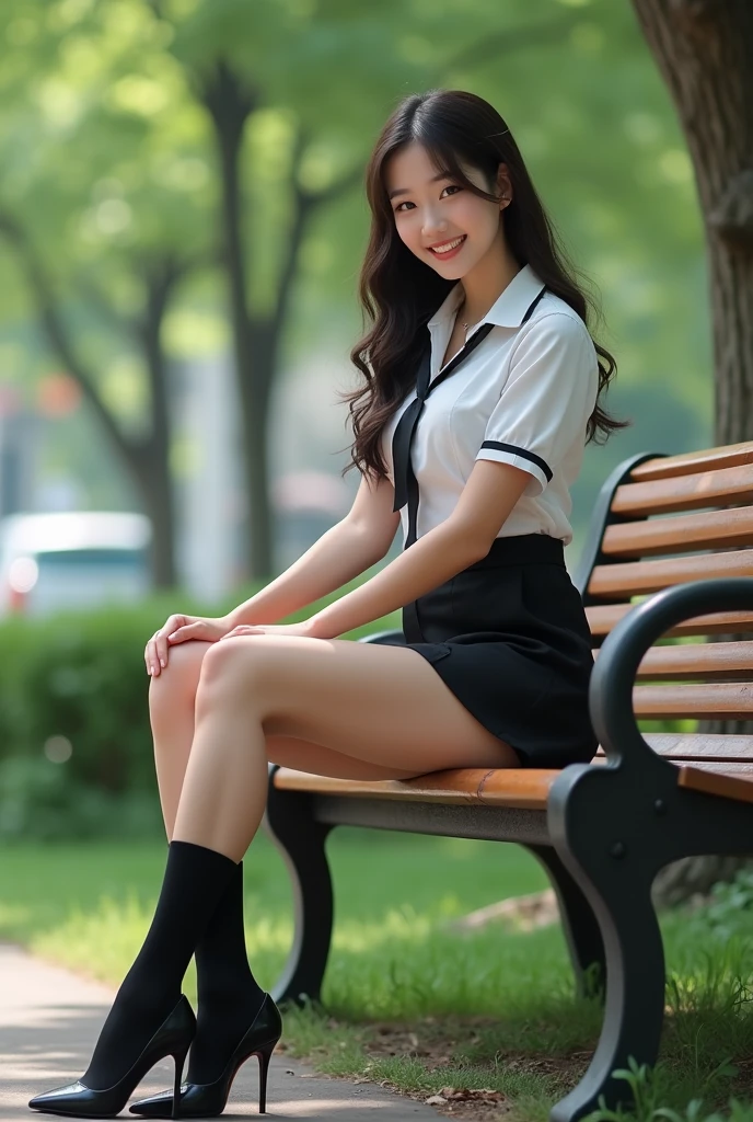 East Asian women+cabelos preto e longos+gentleness+ssmile+JK school uniform+Bare legged+school ground