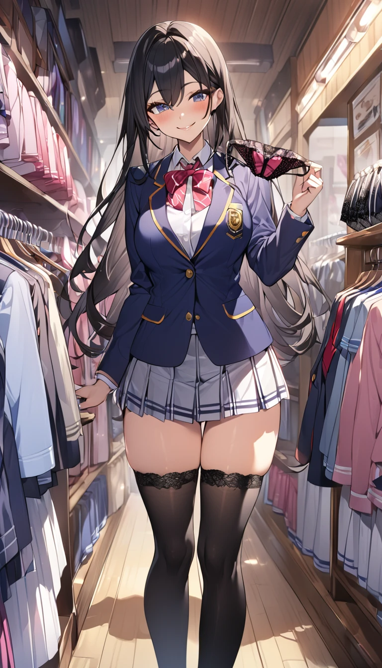 {Highest quality], [Super beautiful], [Ultra fine], [Best illustration], NSFW,Brown Hair, Hime cut, Long Hair, With bangs, girl,high school student,uniform,knit,skirt,smile, blush, Slender women, Adult women,Standing posture,(Public),Night Park,Summer festival,diagonal, Navy blue knee socks,Black Loafers、Stripes々
Panties、Panties in full view