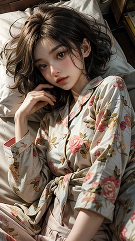 cute 21 year old japanese、night、on the bed、nice pajamas、Cute colorful pajamas、super detailed face、eye for details、double eyelid、beautiful thin nose、sharp focus:1.2、beauty:1.4、(light brown hair、short cut hair、white skin、highest quality、masterpiece、ultra high resolution、(Photoreal:1.4)、