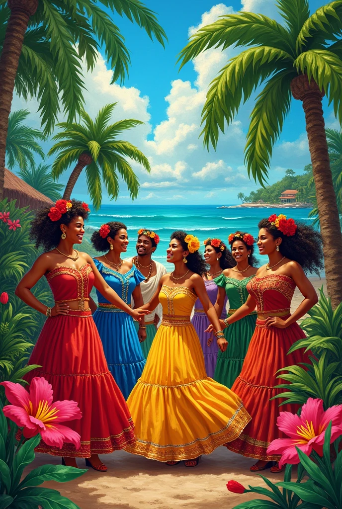 Vector art, Lots of Jamaican Reggae, Authentic Jamaican reggae music atmosphere,Color illustrations, in the center, Vibrant colors, Paint splatters and stains, High detail,
bright red sunset,beach,Palm tree,Back view of dancing women