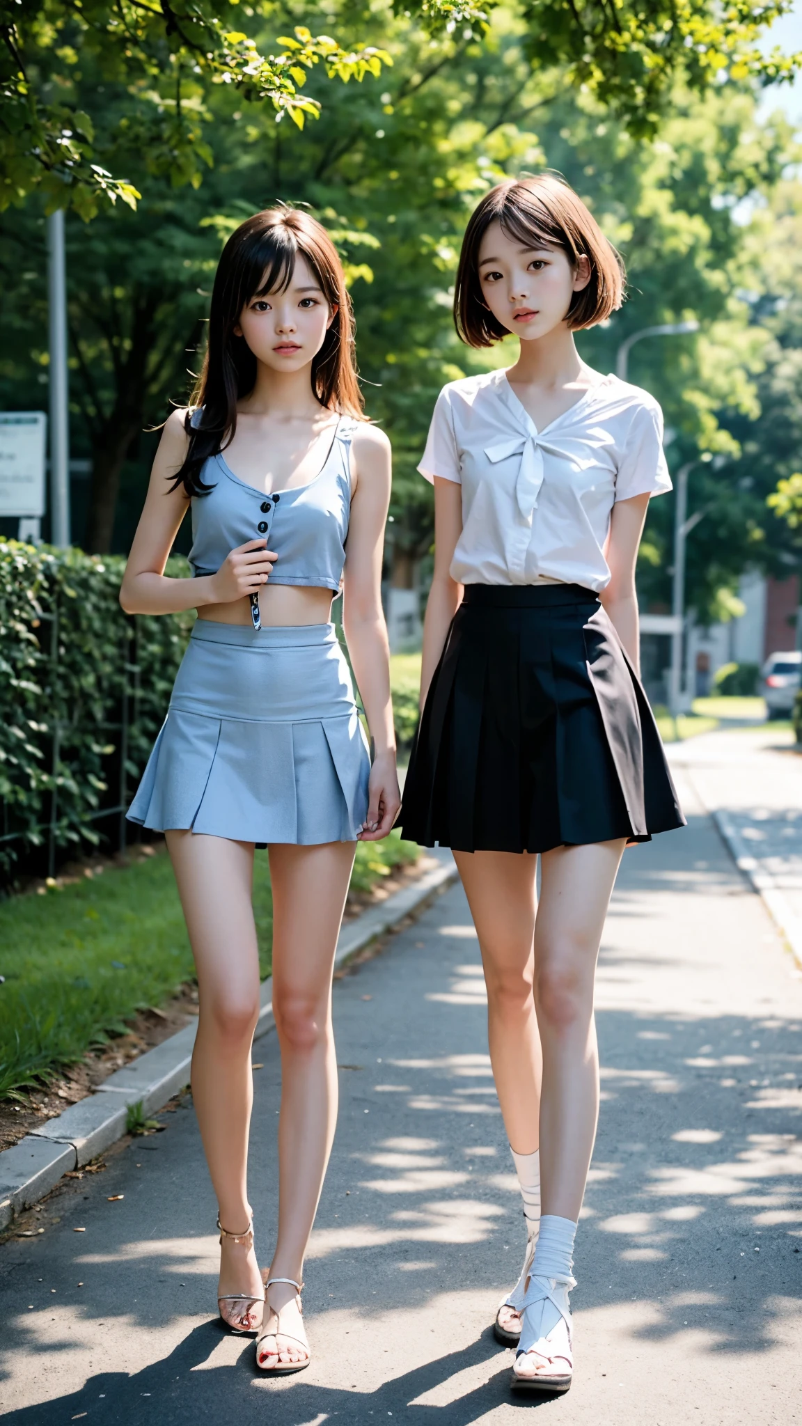 High detail, Textured skin, Very detailed, Ultra high definition, High-resolution model, Detailed face、bare navel、Twins, two girls, two high school girls、(((flat chest))), (flat chest:1.1)、 14years、a junior high school student、School Uniforms、Cute, young, (Full body:1.3)、Ultra-detail、​masterpiece、top-quality、超A high resolution、8K high image quality、Photogenic clarity、A detailed eye、Real live-action、Spring outdoor、Model Standing、Beautiful posture、High detail, Textured skin, Very detailed, Ultra high definition, High-resolution model, 