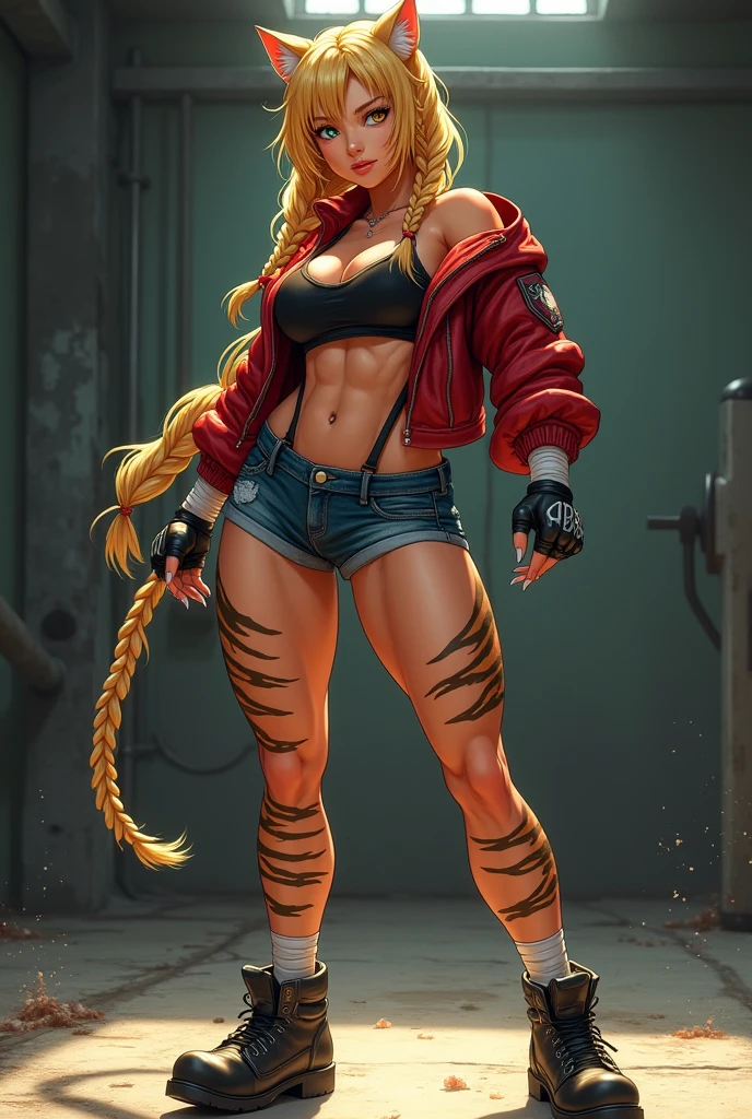 ((plain background)) Cammy White Street Fighter 7th full body 1sologirl barefoot feet together, hands on hips red gloves gauntlets, 1piece yellow bikini slingshot