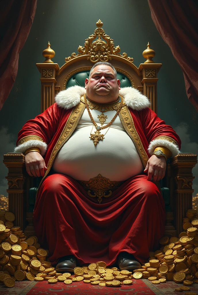 full view full photo of an ex-muscle blond undercut god covered with gold jewelery and piercings, with dozens of golden rings, necklaces, bracelets, He became an obese pierced pig with fat belly and monstruous huge pierced nipples, in white lycra suit and white lycra socks, sitting on luxurious armchairin his socks, no shoes, in luxurious bedroom in parisian palace hotel. His socks and piercings must be seen