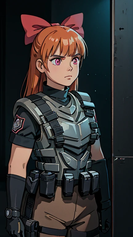 (1girl, blossom), (extremely detailed CG unit 8k wallpaper),(master part), (best quality), (ultra detali), (best illustration),(starship troopers armor
gloves, armor, shoulder patch, bulletproof vest, military,), cowboy shot, (Sharp eyeliner, ombre, detailed eyes:1),  neon light dark too, indoor background ,break , (ghibli style), long orange hair, blunt bangs, pink eyes, hair bow, red bow