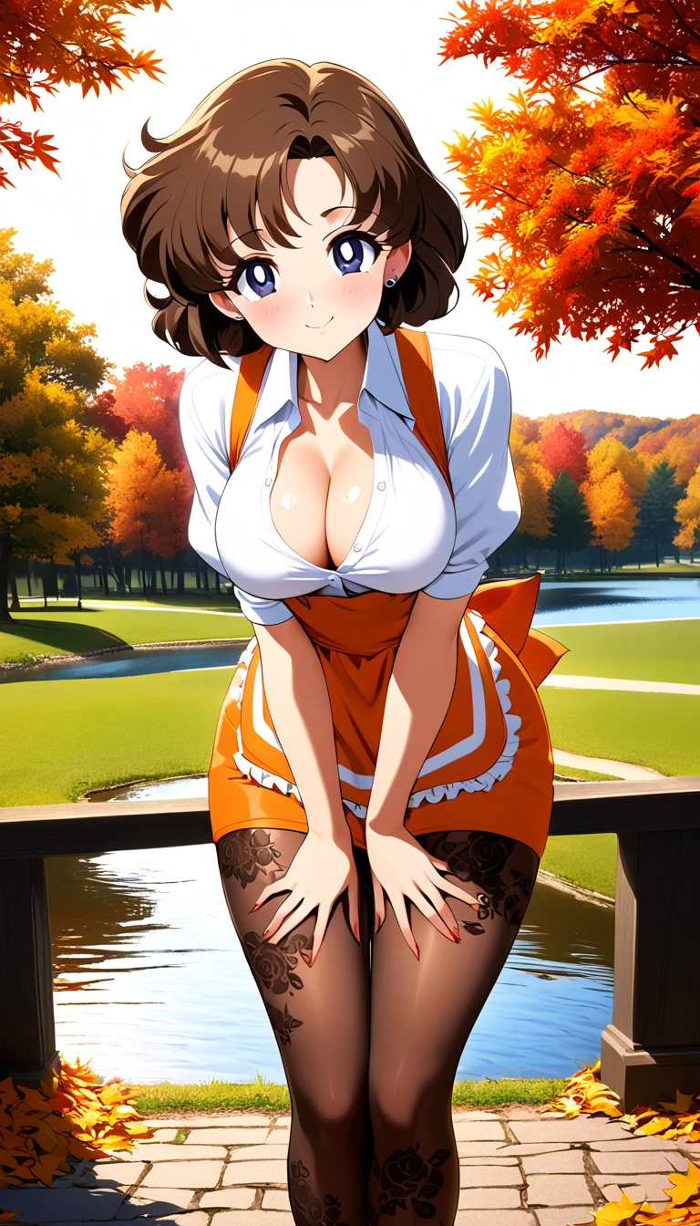 aamercury, short hair, ponytail, hair bobbles, curly hair,big hair,hands between legs,leaning forward,from front,embroidery pantyhose,middle breasts,full body,standing,cleavage,looking at viewer,embarrassed smile,autumn park,beautiful lake,cute eyes,milf woman,30yo,ecstasy,extremely beautiful face,wide hips,black eyes,anna miller,orange apron,white shirt,pumps,gyaru,(curvy),8K RAW,professional lighting,extremely beautiful legs and body,super fine illustration,best quality,8K,HDR,warm lighting,