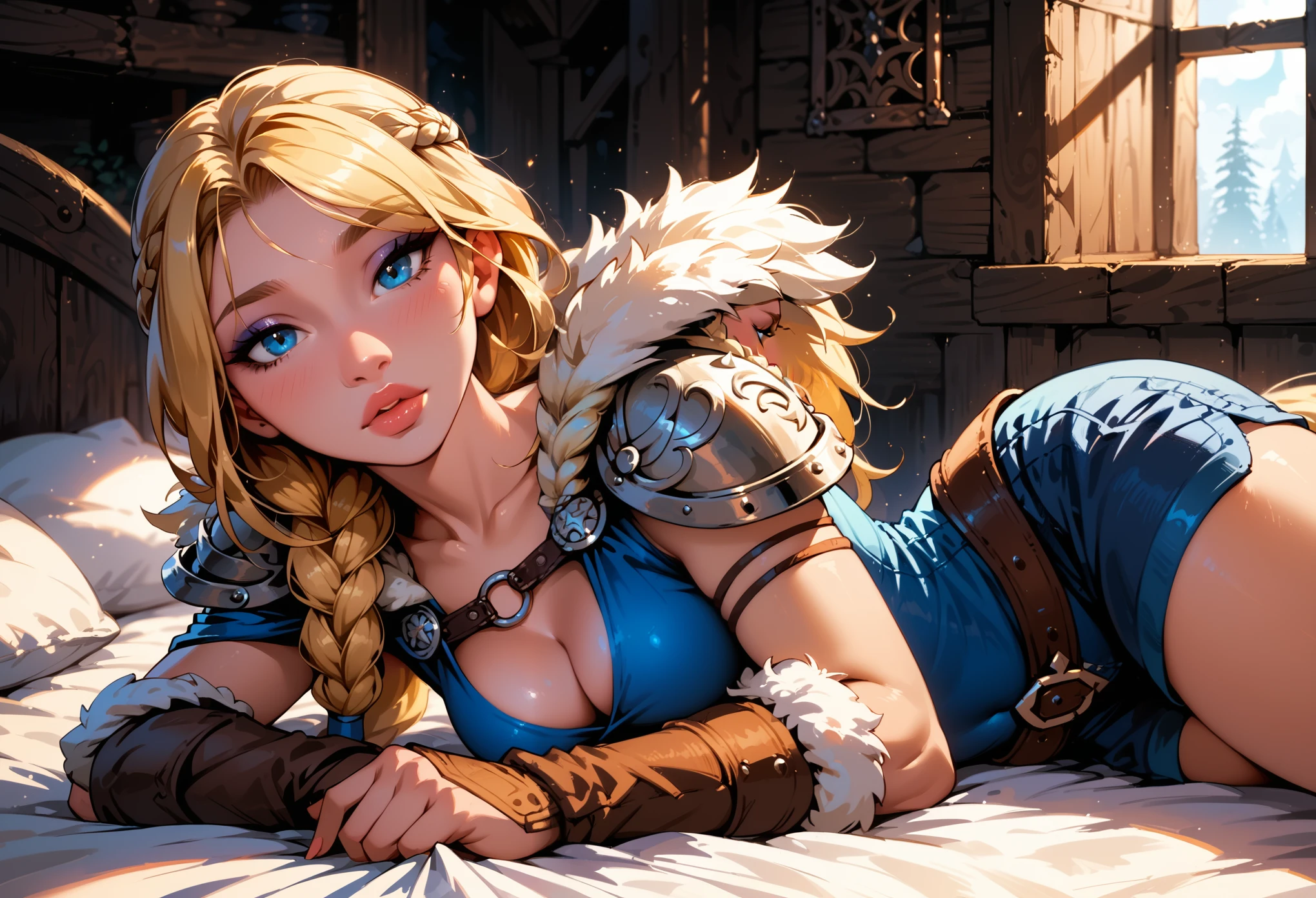 Dark Fantasy Art of score_9, score_8_up, score_7_up, rating_explicit, fantasy, lighting, epiCPhoto 1girl, solo, very sexy (ASTRIDHOFFERSON, blonde hair, braid, Long hair, blue eyes, fur trim, shoulder armor, armor, pauldron:1.2), cleavage, flirt, gaze, sexy look, half-closed eyes, head tilt, filled lips, thick lips, makeup, (interspecies, anthro:1.3), tall muscular dragon, tight shorts, modelling shoot, in bed, laying together, dark, moody, dark fantasy style, (midnight, moonless night:1.1).