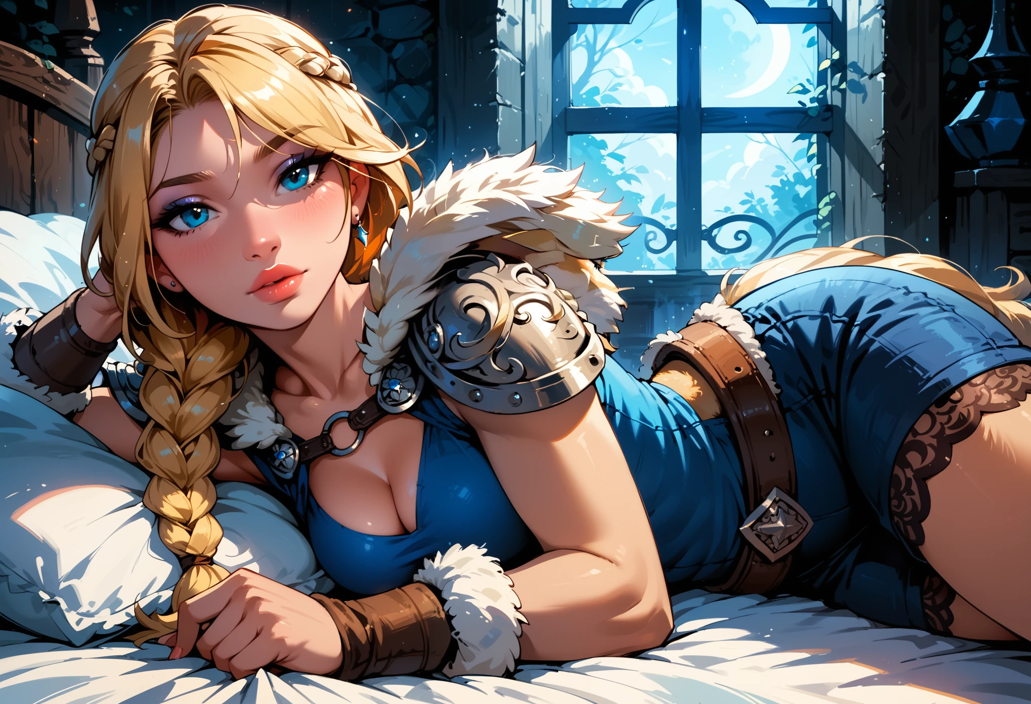 Dark Fantasy Art of score_9, score_8_up, score_7_up, rating_explicit, fantasy, lighting, epiCPhoto 1girl, solo, very sexy (ASTRIDHOFFERSON, blonde hair, braid, Long hair, blue eyes, fur trim, shoulder armor, armor, pauldron:1.2), cleavage, flirt, gaze, sexy look, half-closed eyes, head tilt, filled lips, thick lips, makeup, (interspecies, anthro:1.3), tall muscular dragon, tight shorts, modelling shoot, in bed, laying together, dark, moody, dark fantasy style, (midnight, moonless night:1.1).