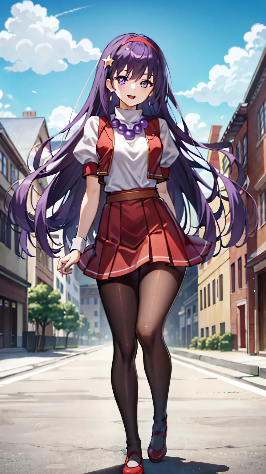 {{{masterpiece}}}, {{{best quality}}}, {{ultra-detailed}}, {illustration}, {{an extremely delicate and beautiful}}, (beautiful detailed eyes:1.6), extremely detailed face, 16k, visual anime de uma jovem mulher, extremamente bonito rosto de anime, anime melhor garota, (perfect hands, perfect anatomy), anime face, Asamiya Athena(The King of Fighters 97), 1girl, solo, cute face, Slender beautiful legs Purple eyes, Purple hair, Long hair, white earrings, red hairband, star hair ornament, medium breasts, thin waist, big hips, curvaceous, BREAK, Red vest, white high-necked, White puffy sleeves, Short sleeves, Red pleated skirt, barefoot, Yellow belt, purple sphere shape necklace, (deep red pantyhose:1.3), thighhighs, zettai ryouiki, white short socks, Red shoes, BREAK, open mouth, smiling, flushed cheeks, walking, flushed cheeks, looking at viewer, outdoor, city, building, sky, daytime, cowboy shot