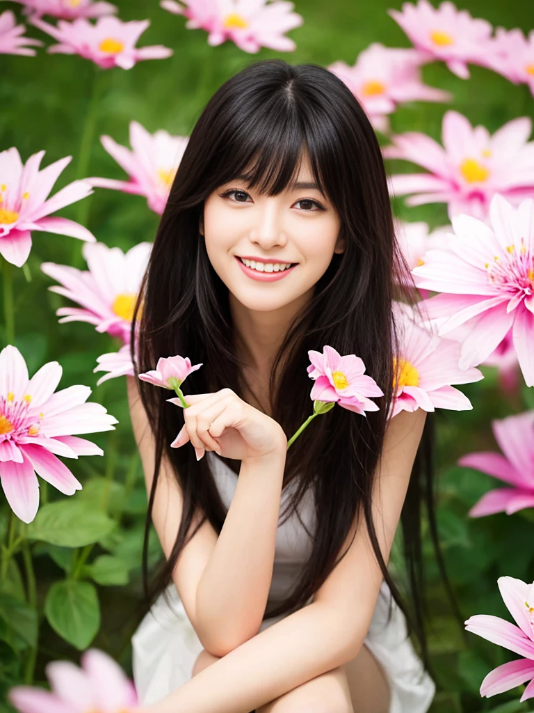 (photo realistic:1.3),(masterpiece:1.25),  ,(long black messy hair:1.2),bangs,(beautiful highly hair:1.5),,,(big smile),(sitting on flowers:1.5),(pink small flowers as far as the eye can see:1.5)
(shiny  white skin:1.4),(cute face:1.1) , ,(many ear ring:1.4),(extremely gigantic boobs:1.5),(big hip:1.5),(school swim suits:1.3)