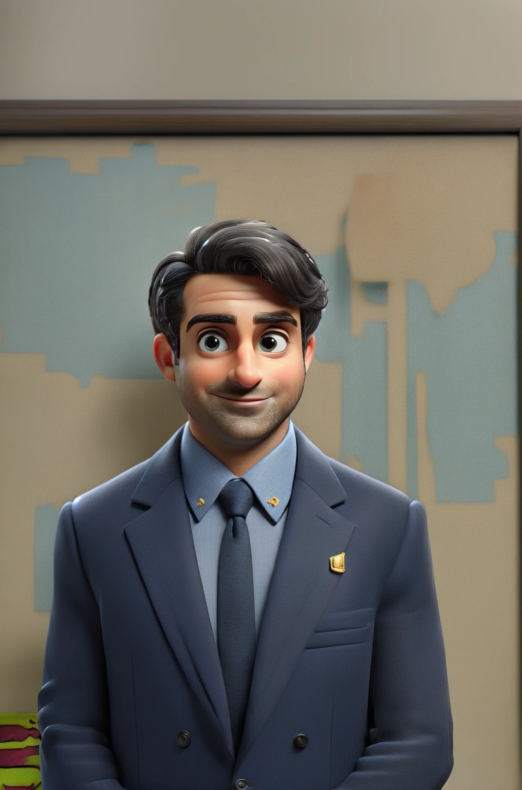 big head,1boy,necktie,male focus,solo,shirt,black hair,looking at viewer,formal,smile,suit,jacket,indoors,blue shirt,collared shirt,blurry background,facial hair,blurry,upper body,realistic,short hair,closed mouth,black necktie,, (best quality:1.5), (masterpiece:1.5), (super Realistic:1.5),(high detail:1.5)