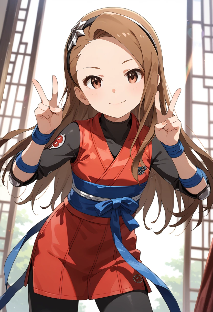 mnsior, petite, longhair, brown hair, forehead, brown eyes, hairband, ***,flat chest,score_9, score_8_up, score_7_up, source_anime,,(((ninja costume))),smile,,looking viewer,,double v pose,short dress