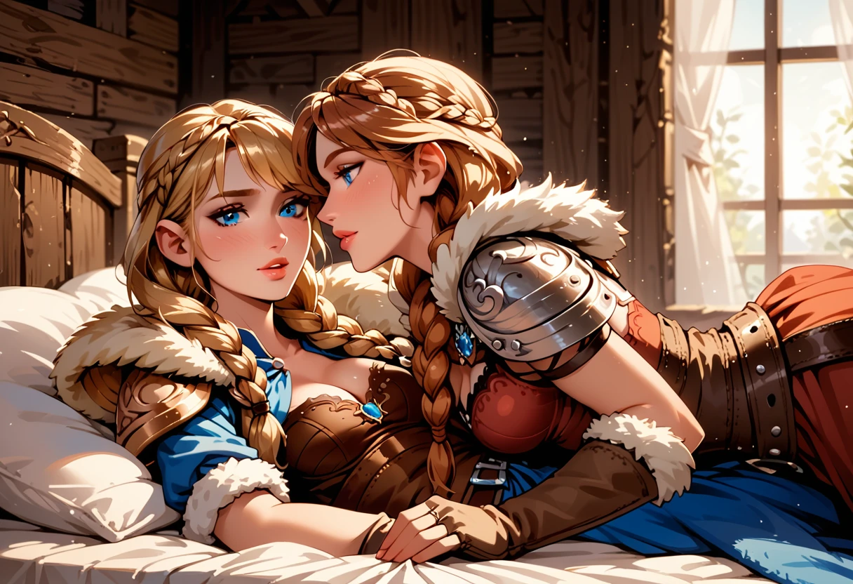 Dark Fantasy Art of score_9, score_8_up, score_7_up, rating_explicit, fantasy, lighting, epiCPhoto 2girls, duo, couple, yuri, very sexy (ASTRIDHOFFERSON, blonde hair, braid, Long hair, blue eyes, fur trim, shoulder armor, armor, pauldron:1.2), and (Anna, brown hair, braided pigtails:1.3), cleavage, flirt, gaze, sexy look, half-closed eyes, head tilt, filled lips, thick lips, makeup, modelling shoot, in bed, laying together, dark, moody, dark fantasy style, (midnight, moonless night:1.1).