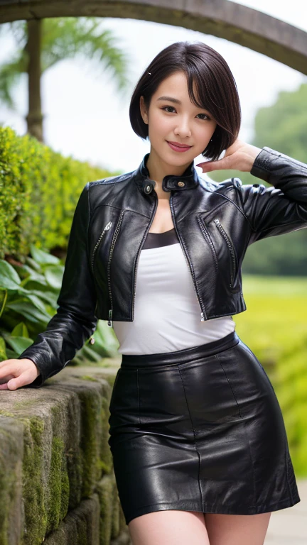 最high quality, 8k, Vibrant, Sharp focus, high quality, High resolution, Middle-aged women, Mature Woman, 5, (Full Body Ezbian), (High heels face detail, Highly detailed eyes, Plump figure、Plump face、((big 1.6))、((Black leather clothing))、garden、Random Hairstyles、A kind smile、Very short hair、(Standing posture、Leather skirt、leather jacket、Leather Fashion)、