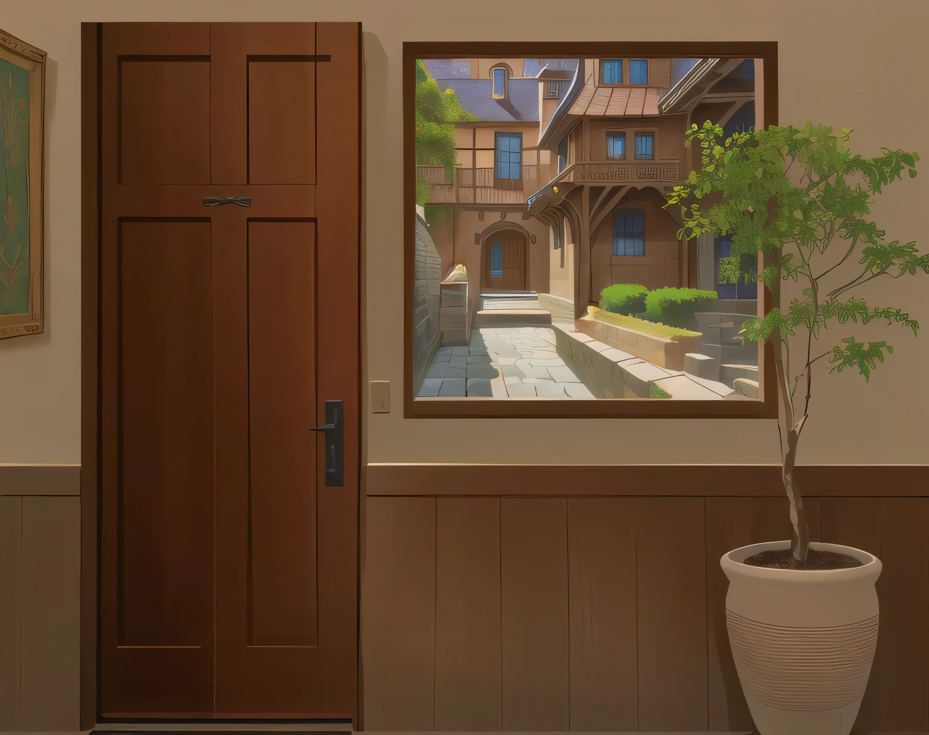 background,in a house in the medieval style, anime drawing, avant-garde art, pot with plant, door