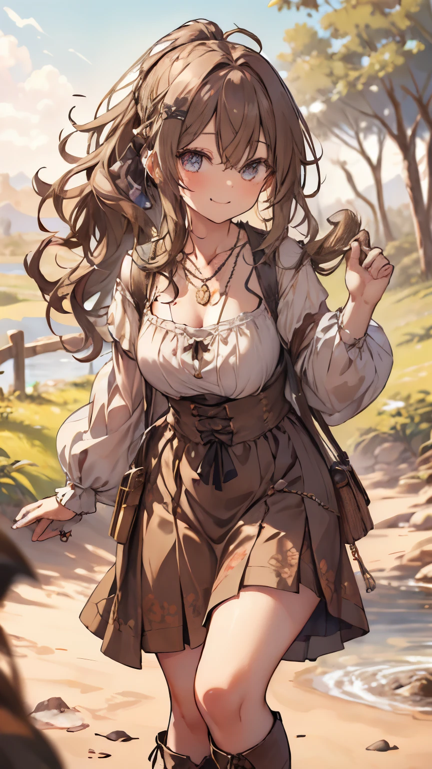 masterpiece, 1 girl, sparrow, a brown haired girl, wearing a medieval villager clothes, curly medium hair, messy hair, slim body, he close her left eye, shirt ornament, ruby eyes, ahoge, baby face, long sleeves, beautiful eyes, boots, droopy eyes, her age is 19, nagisa_bluearchive, seductive face, medium hair, seductive smile, curly hair, MongolPunkAI, medium breasts, view from right down, she tease you, lend a hand to you, she very close to you, smug smile, rainbow_one, farmer clothes, long flared skirt, crocth tattoo, necklace, erotic smile, oak forest, low ponytail, hair ribbon