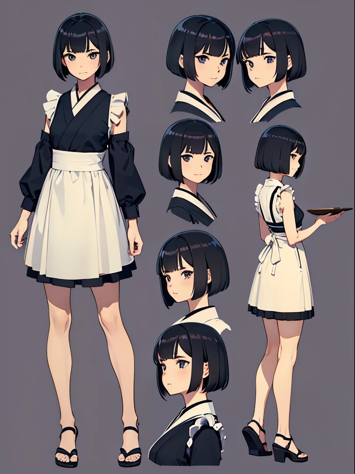 ((Highest quality)), ((masterpiece)), (detailed), ((three view drawing)), ((front and back and side)), ((character sheet)) One girl, ((three views)),Maid clothes,Short Bob,Three white eyes,Simple Background,front,beside,behind,Black Hair,Japanese,Simple hairstyle,Bob Hair,Foxy face,((Character setting diagram)),Asian,Tree Eyes,Duck mouth,whole body,Small breasts,シンプルなMaid clothes,Bad look in the eyes,Concept Art,Asian Face