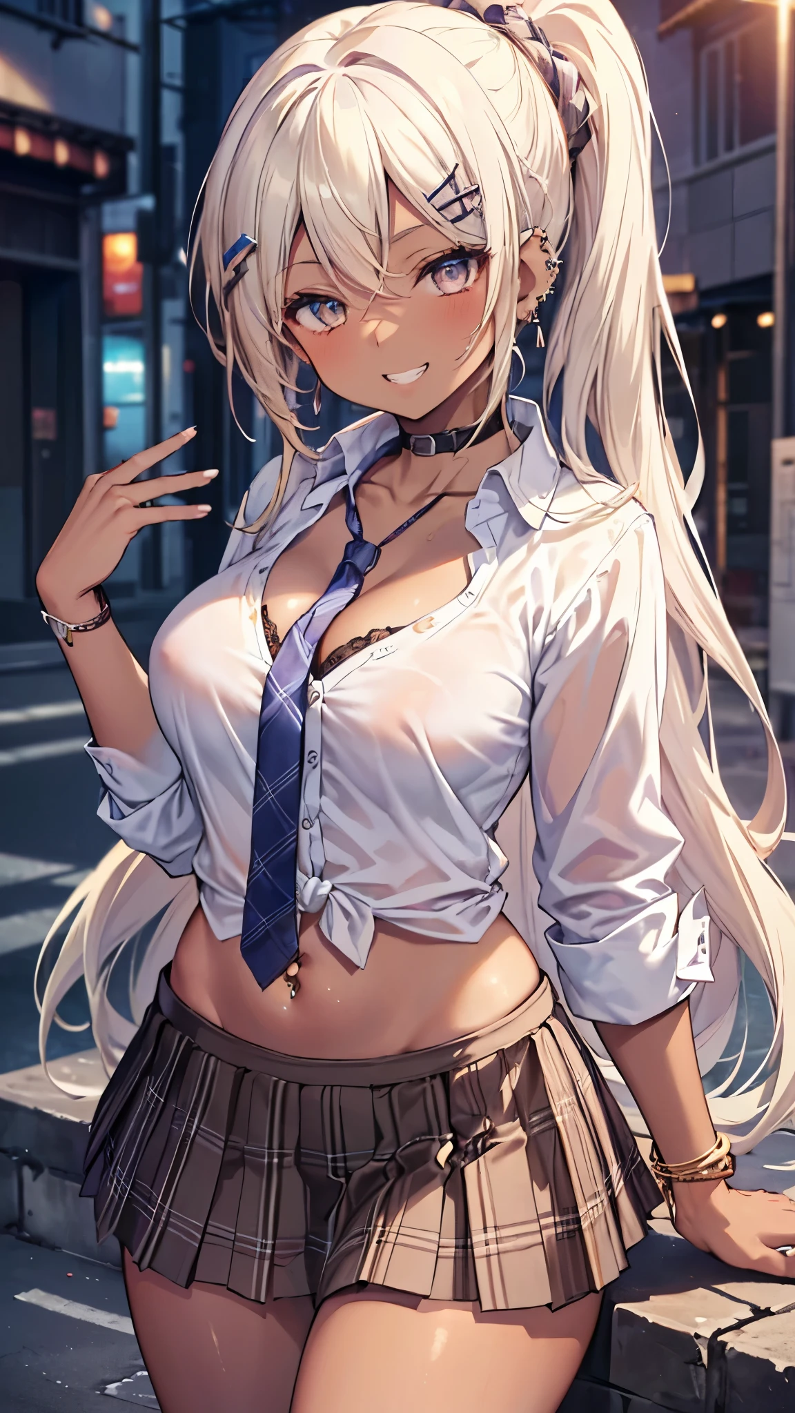 ((masterpiece, Highest quality, Very detailed)), 

One girl, 20 years old, gyaru, full makeup, BREAK ((brown skin:1.3)), ((tannes skin:1,3)), ((blonde)), Long Hair, blunt bangs, wavy Hair, BREAK ((grey eyes:1.3)), thick thighs, medium breasts, looking at viewer, 

cowboy shot, evil smile, ((open mouth)), ((tongue out)), 
random porn pose, 

((lots of pierced earrings, silver chain necklace, silver bracelet)), ((bare belly button, belly piercing)), 

BREAK ((open white collar shirt:1.3)), (cleavage, Unbuttoned), BREAK (leopard print bra), BREAK (plain black pleated skirt), micro mini skirt,  

(beautiful scenery), (panoramic view:1.3), ultra-wide angle lens, ((Night City:1.3)), city, lanterns, street, (neon lights:1.1), starry sky overhead,  (public:1.2), 