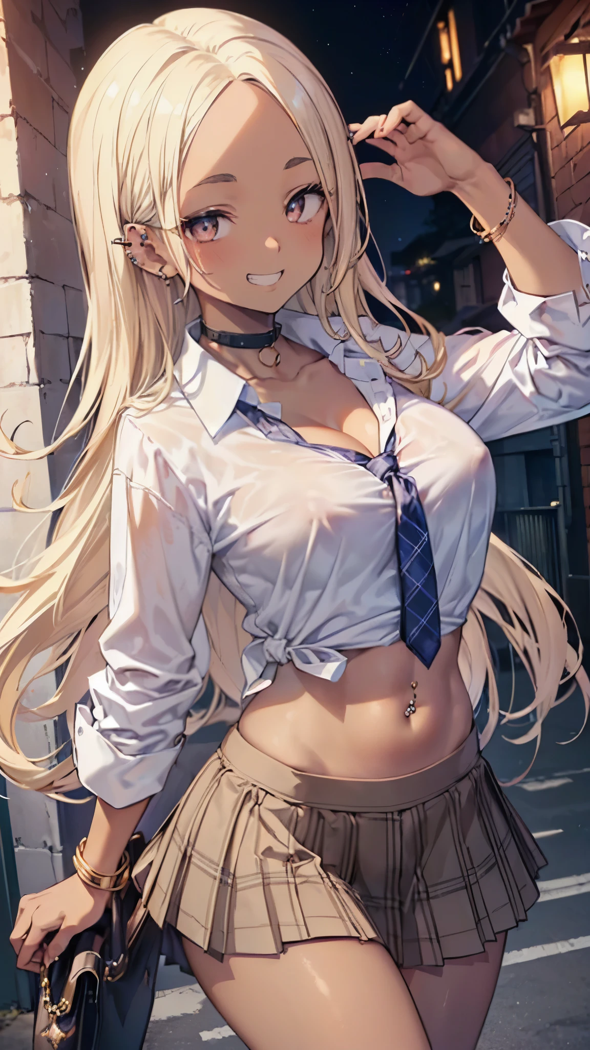 ((masterpiece、Highest quality、Very detailed))、One girl、gyaru、((Brown skin:1.3))、Blonde、Long Hair、((forehead))、Grey Eyes、((lots of piercing))、evil smile、((Grin))、Large Breasts、((White collared shirt))、((clavicle))、tie、belly button、((light blue plaid skirt))、((micro miniskirt))、Cowboy Shot、((night))、Alley Background
