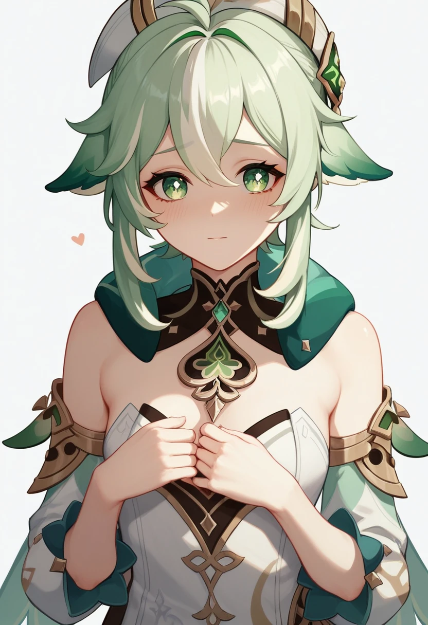 1girl, solo, green eyes, long hair, dress, pointy ears, smile, nahida (genshin impact), looking at viewer, white dress, hair ornament, braid, multicolored hair, bangs, white hair, symbol-shaped pupils, gradient hair, aged up, green hair, hair between eyes, bare shoulders, leaf hair ornament, cross-shaped pupils, breasts, alternate hairstyle, white background, closed mouth, looking back, detached sleeves, single braid, jewelry, very long hair, bracelet, alternate costume, backless dress, from behind, blush, masterpiece, best quality,