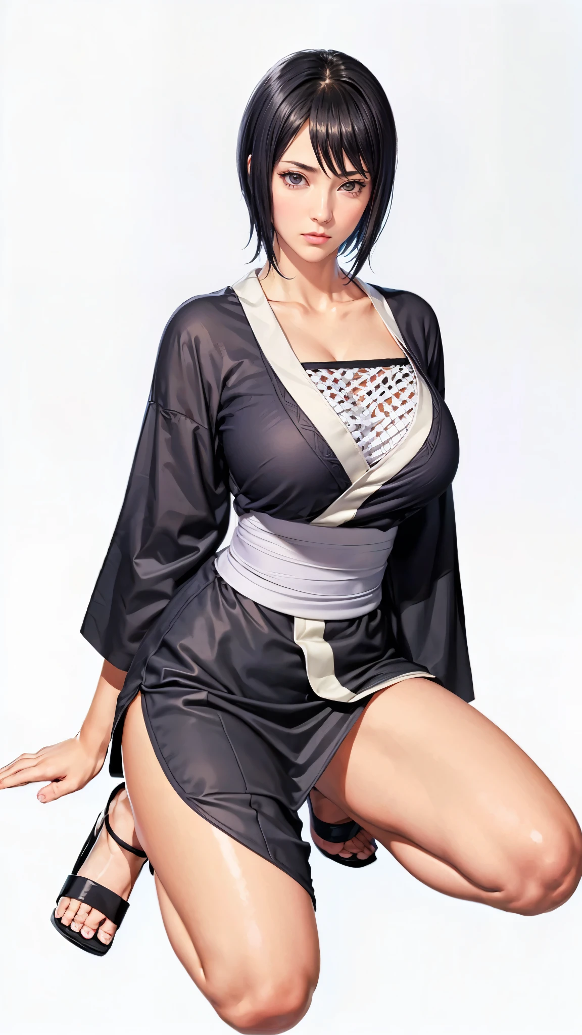 (（（Perfect body,White and tender skin,（（（black kimono, sandals，Black clothes, mesh underwear, purple belt）））,(（（shizune，Black hair, short hair, black eyes））)，((masterpiece)),highres,((Best quality at best)),masterpiece,quality,Best quality,(（（ Exquisite facial features,Looking at the audience,There is light in the eyes, ）））,Huge breasts，White background，）））