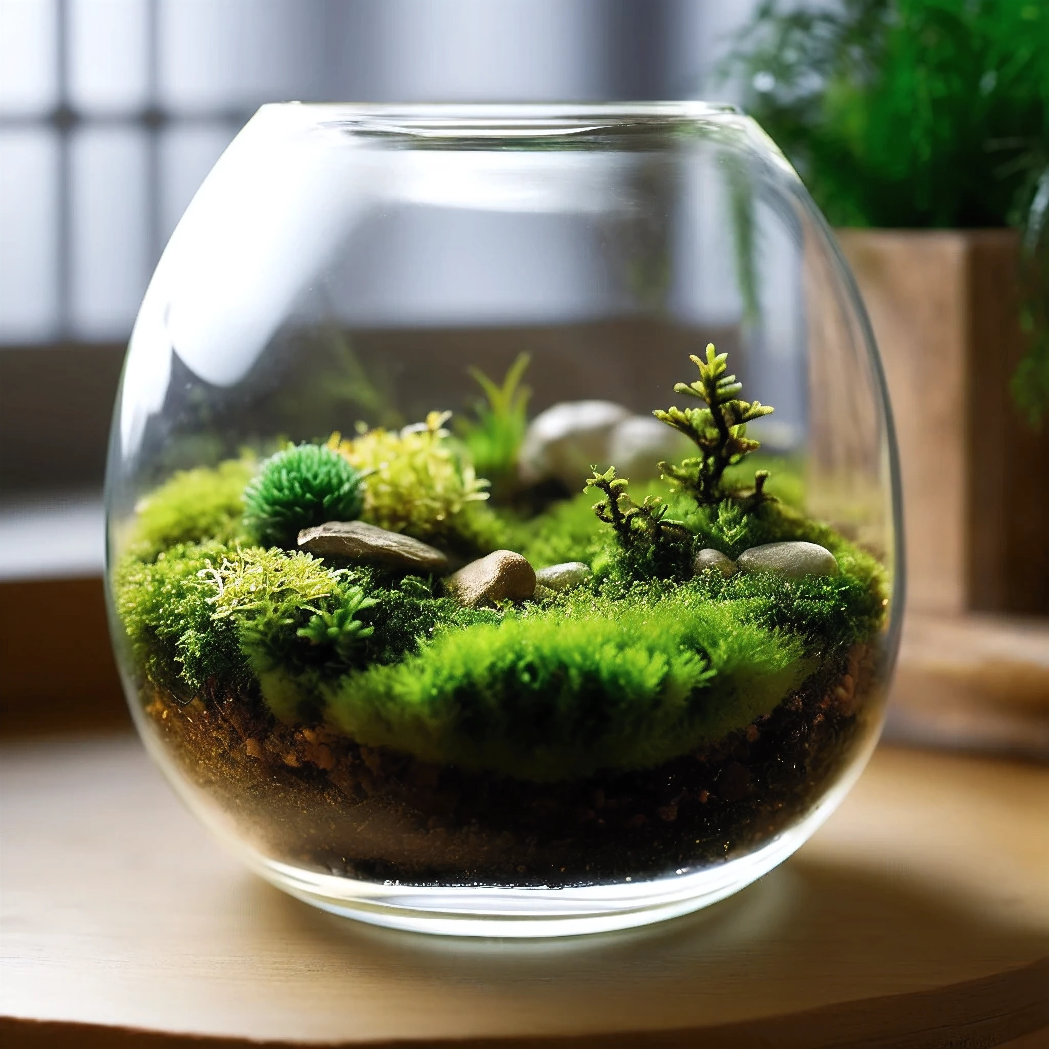 Moss terrarium　Highest quality,4K,8k,High resolution,masterpiece:1.2,Very detailed,Realist,fotorRealist:1.37、Filtered natural light,Warm Gold、Subtle bokeh effect,Part of the background is blurred.
