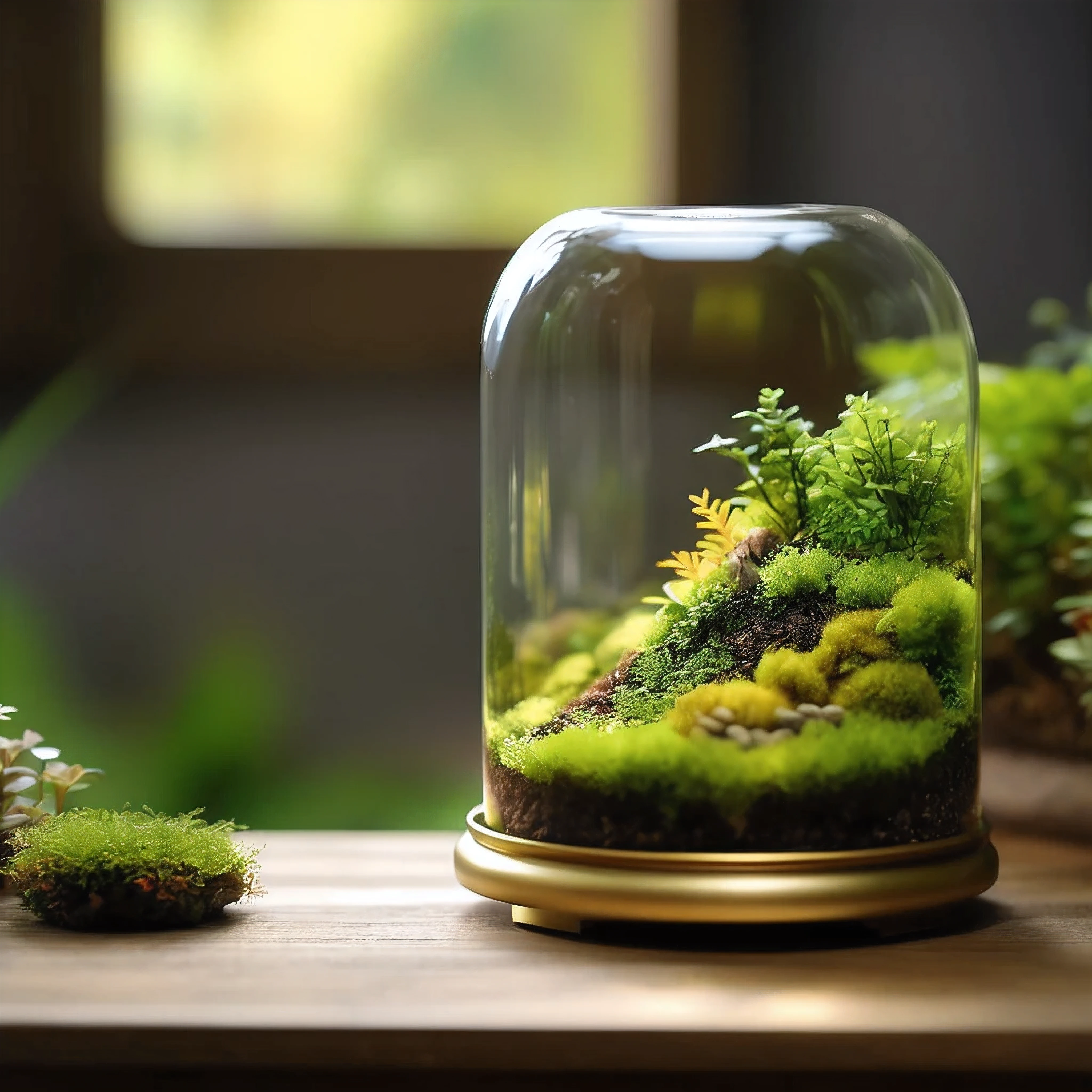 Moss terrarium　Highest quality,4K,8k,High resolution,masterpiece:1.2,Very detailed,Realist,fotorRealist:1.37、Filtered natural light,Warm Gold、Subtle bokeh effect,Part of the background is blurred.
