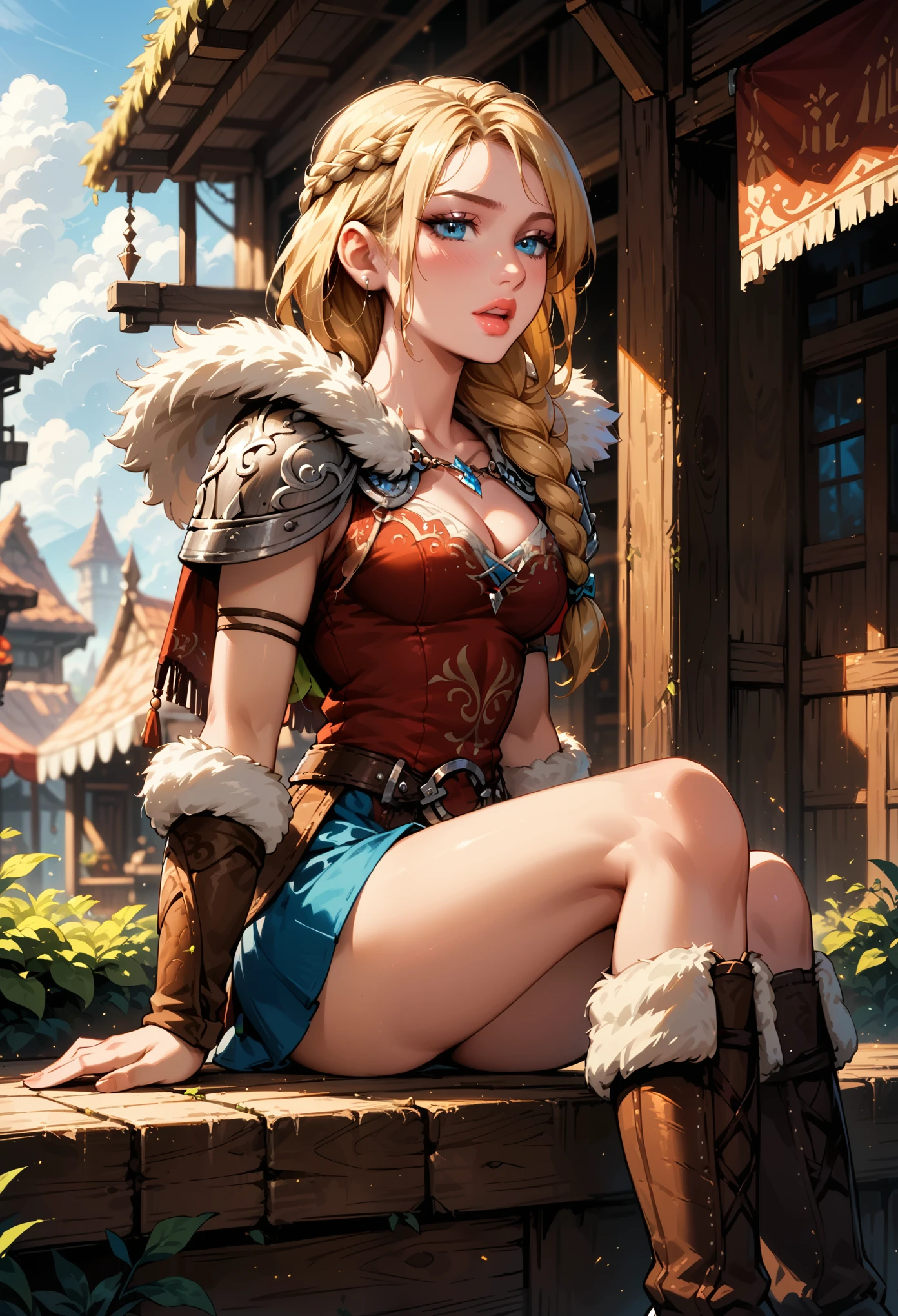 Dark Fantasy Art of score_9, score_8_up, score_7_up, rating_safe, fantasy, lighting, epiCPhoto 1girl, solo, very sexy slutty girl (ASTRIDHOFFERSON, blonde hair, braid, Long hair, blue eyes, fur trim, shoulder armor, armor, pauldron, boots, short skirt:1.2), cleavage, sexy legs, thigh, flirt, gaze, sexy look, half-closed eyes, filled lips, thick lips, moaning, makeup, modelling shoot, sexy pose, village market setting, dark, moody, dark fantasy style, midday.