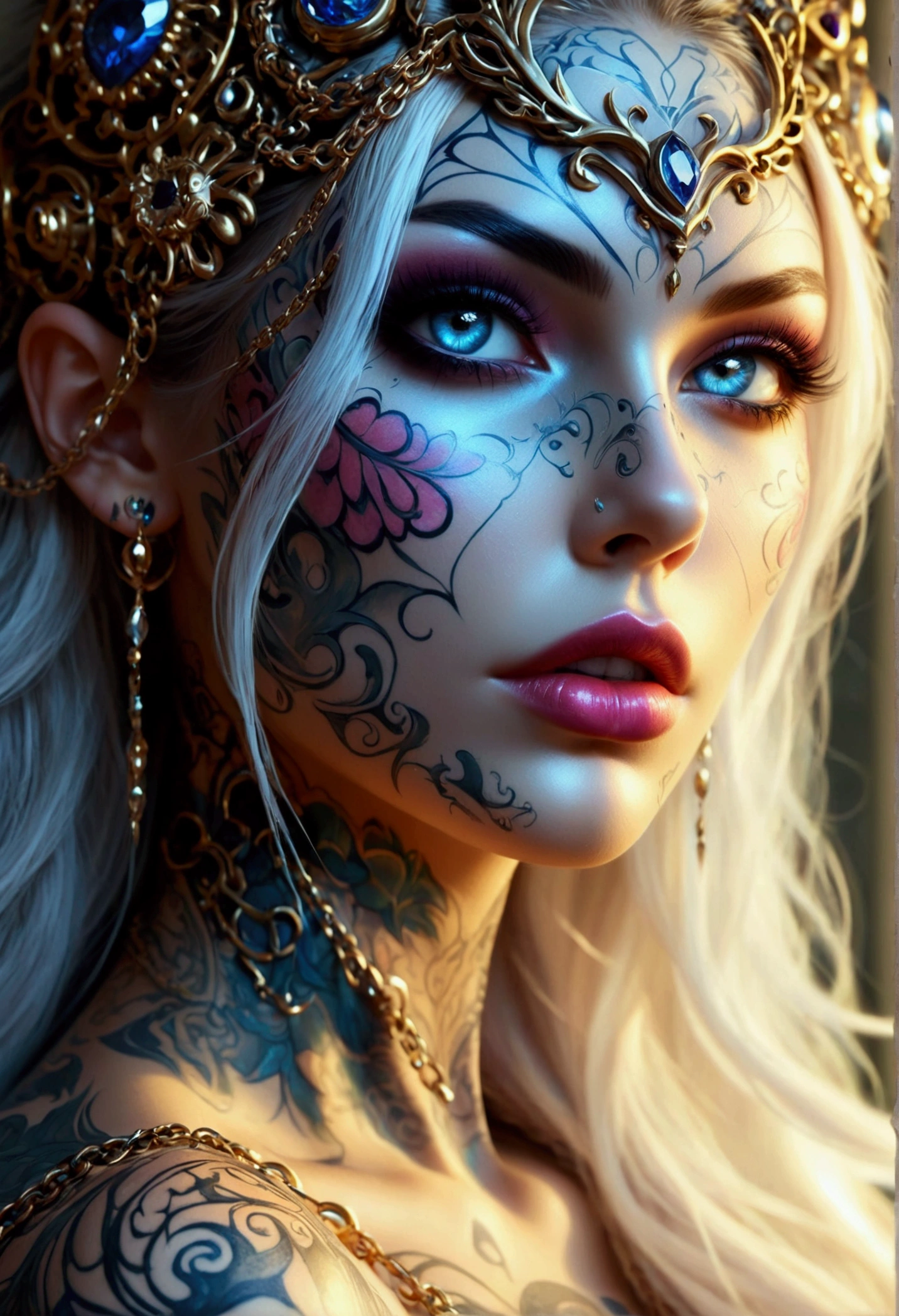 Create a full body image of the most stunningly gorgeous beautiful perfect young sexy young daughter of lucifer, high detailed sexy stunning feminine face, perfect makeup, sexy seductive lips, lipstick, beautiful perfect hour glass body figure, long flowing hair, gigantic natural perky breasts, detailed silky smooth skin, nude, lace thong, hyper detailed perfect nipples, full body view, skull tattoos,