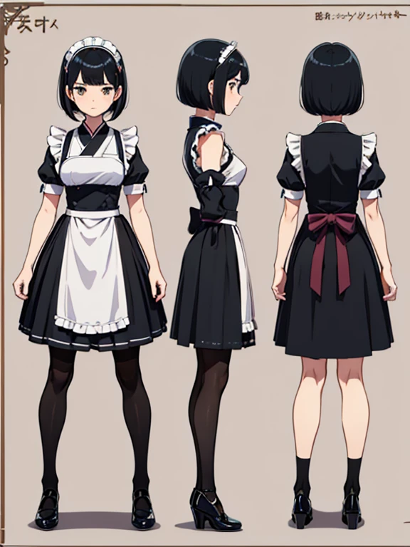 ((Highest quality)), ((masterpiece)), (detailed), ((three view drawing)), ((front and back and side)), ((character sheet)) One girl, ((three views)),Maid clothes,Short Bob,Three white eyes,Simple Background,front,beside,behind,Black Hair,Japanese,Simple hairstyle,Bob Hair,Foxy face,((Character setting diagram)),Asian,Tree Eyes,Duck mouth,whole body,Small breasts,シンプルなMaid clothes,Bad look in the eyes,Concept Art,Asian Face