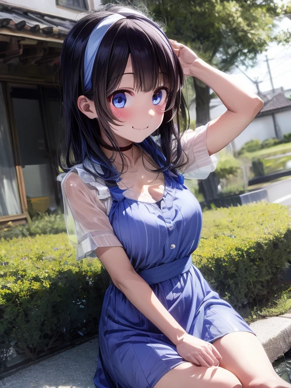 perfect figure, playful, joyful, happy, big smile, smug expression, a matter of fact, daytime, sunlight, 1 girl, 8K resolution, blue hair, blue eyes, glowing eyes, white short skirt, Blush, ((short maid dress, pink yukata, showing pussy, see through dress)), sleeveless shirt, sunlight, Wet from the rain, see through, Sit with knees raised, pussy, smile, the skirt is lifted up, highest quality, High resolution, highly detailed face, perfect lighting, Very detailed CG, (perfect hands, perfect anatomy), mini yaemori, perfect figure, bottomless, armpit, single fang,smug