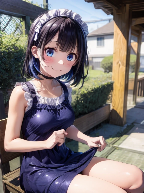 perfect figure, playful, joyful, happy, big smile, smug expression, a matter of fact, daytime, sunlight, 1 girl, 8K resolution, blue hair, blue eyes, glowing eyes, white short skirt, Blush, ((short maid dress, pink yukata, showing pussy, see through dress)), sleeveless shirt, sunlight, Wet from the rain, see through, Sit with knees raised, pussy, smile, the skirt is lifted up, highest quality, High resolution, highly detailed face, perfect lighting, Very detailed CG, (perfect hands, perfect anatomy), mini yaemori, perfect figure, bottomless, armpit, single fang,smug