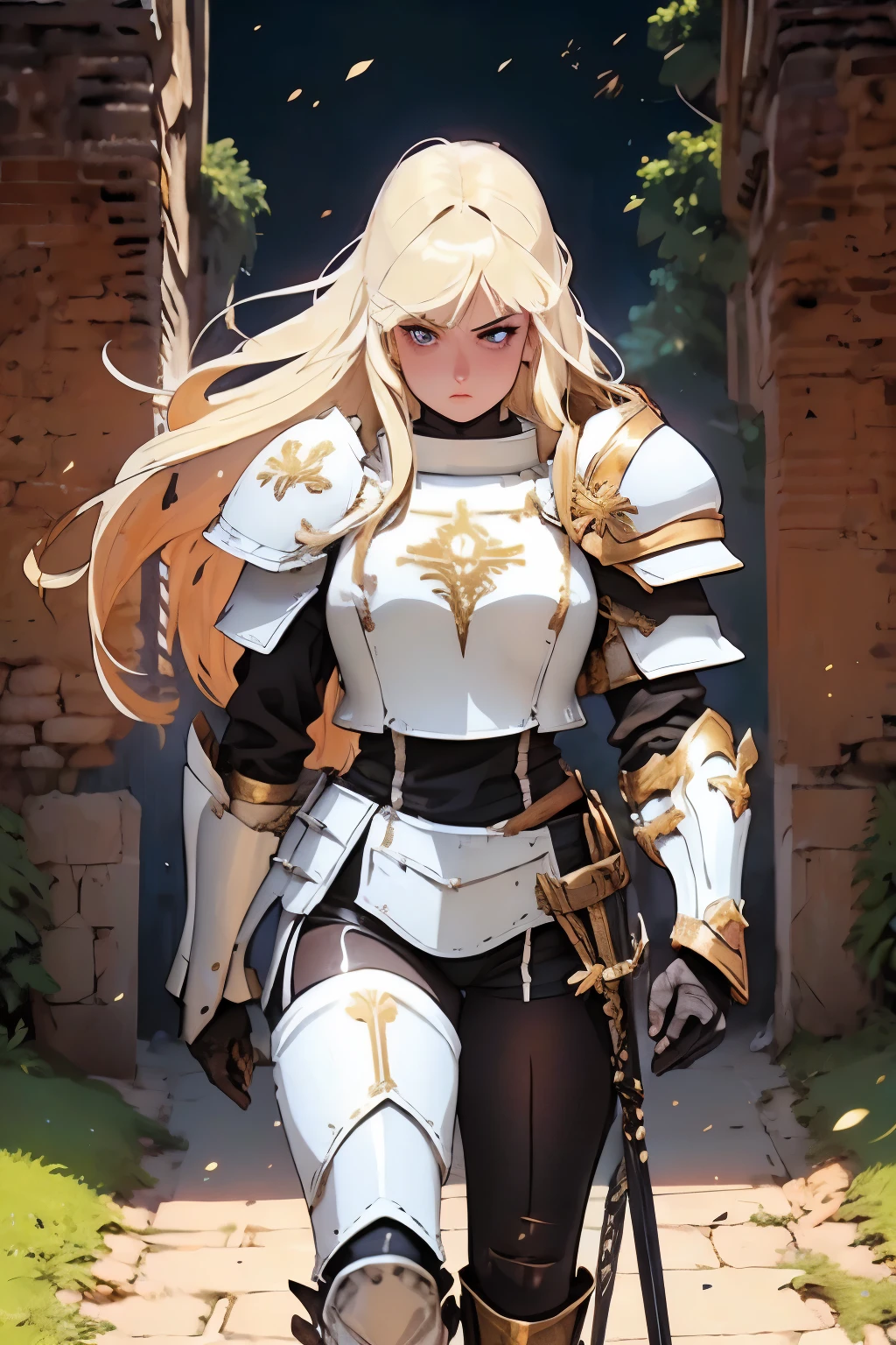 ((ultra-detailed)), (beautiful detailed eyes), (1girl), full body, knight, armour, light hair, expressive eyes, perfect face, Girl: (20s, blonde hair, long hair, white shirt, gold armour, black gloves, knee boots, white pantyhose, black shorts, plate armour), dungeon, brick floor, stone floor, underground, moss, walking, armor, retro anime, 1990s anime, (cinematic lighting), (illustration), anime, (masterpiece))), (((best quality))), best quality