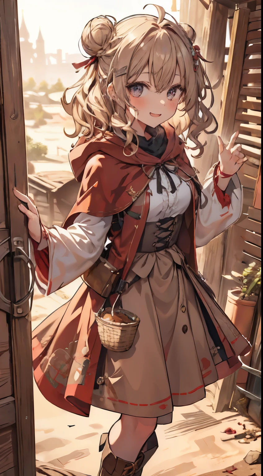 masterpiece, 1 girl, sparrow, a blonde haired girl, wearing a medieval villager clothes, curly medium hair, messy hair, slim body, he close her left eye, shirt ornament, ruby eyes, ahoge, , long sleeves, beautiful eyes, boots, droopy eyes, her age is 19, nagisa_bluearchive, seductive face, medium hair, seductive smile, curly hair, MongolPunkAI, medium breasts, view from right down, she tease you, lend a hand to you, she very close to you, smug smile, rainbow_one, farmer clothes, medium long skirt, crocth tattoo, erotic smile, barn, hair ribbon, twin hair bun, seductive smile, red skirt, red hood, red capelet, red riding hood girl, open mouth, wearing her hood