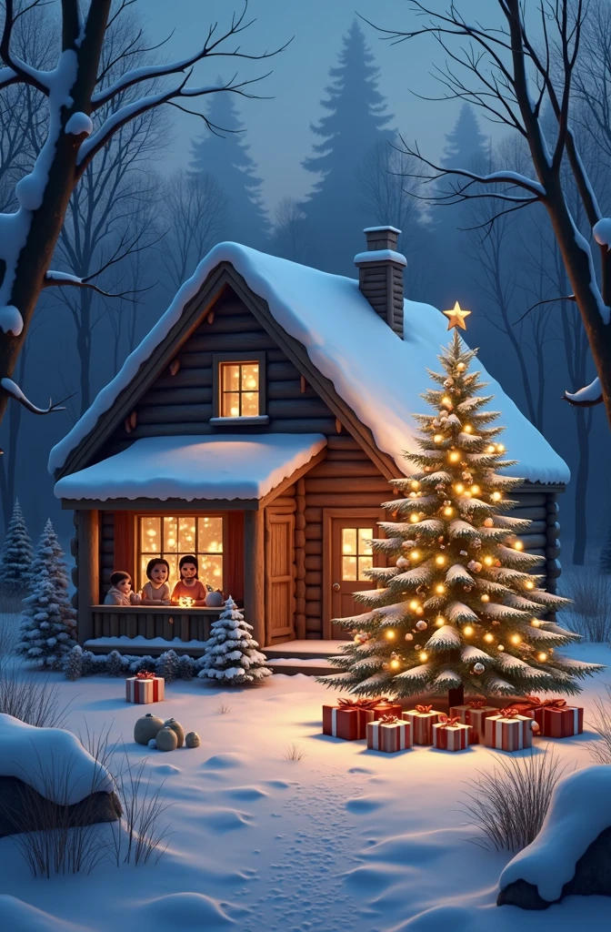 A picturesque snowy landscape outside a cabin in the woods, with warm light glowing from the windows. Inside, a family is gathered around a Christmas tree, laughing and sharing gifts. The scene is peaceful, with a soft twilight sky and a blanket of fresh snow.