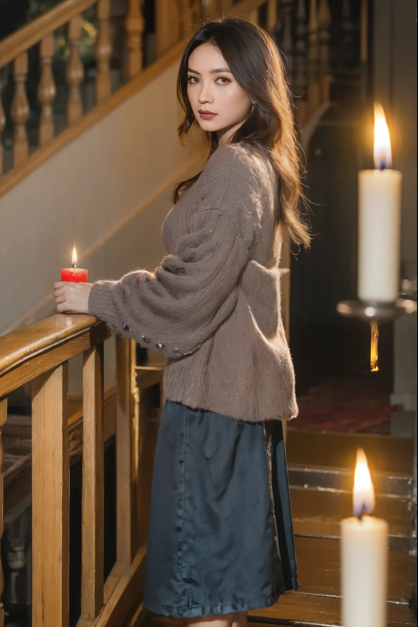 (masterpiece, best quality:1.2, 8k RAW photo, full body photograph), (one girl, solo),(natural soft lighting, photorealistic, high detailed photo, realistic skin texture), standing on the stair, in a dracula castle, mystic atmosphere, candle lights, midnight, drinking blood