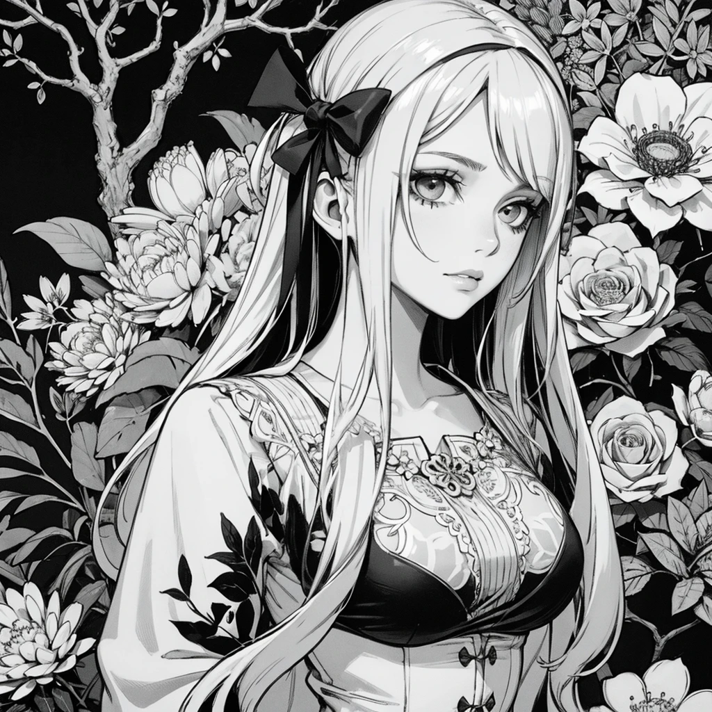 1girl, monochrome, lineart, long hair, abstract, flowers , leaf, whitework