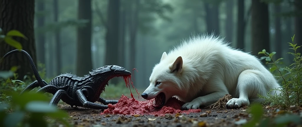 temperate forest, an alien face hugger (Aliens franchise, spider like larva form) lies curled up dead next to a white wolf, the white wolf is on its back spasming in horror and pain as a white alien xenomorph baby erupts from its chest in a spray of blood and gore. horror night
