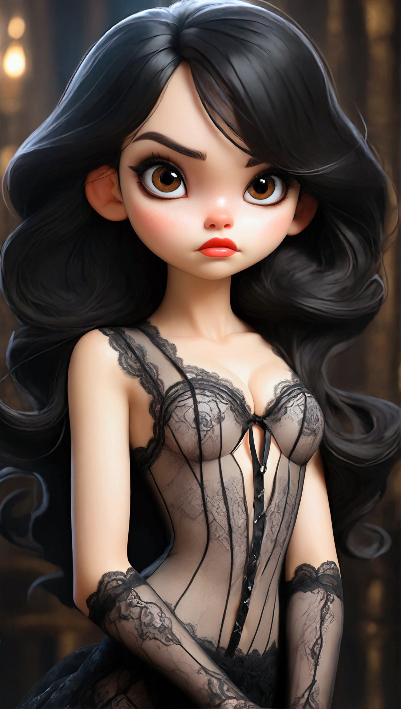 (Full body picture wide view) of heroic mad little child girls sisters in seductive transparent lace black lingerie with lace and patterns, controlling other men, detailed anatomical features, high resolution, masterpiece, extremely detailed, the best quality, 8k, structured skin, super detailed, long black hair, french bangs, breasts, kemonomimi fashion, blushing, fangs, makeup, heterochromia, bashful, biting lip, one eye closed, red lips, face