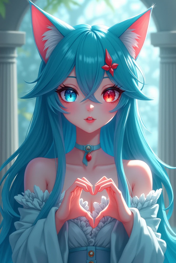 Beautiful anime bunny with blue hair and blue eyes surrounded by rose petals sexi red dress