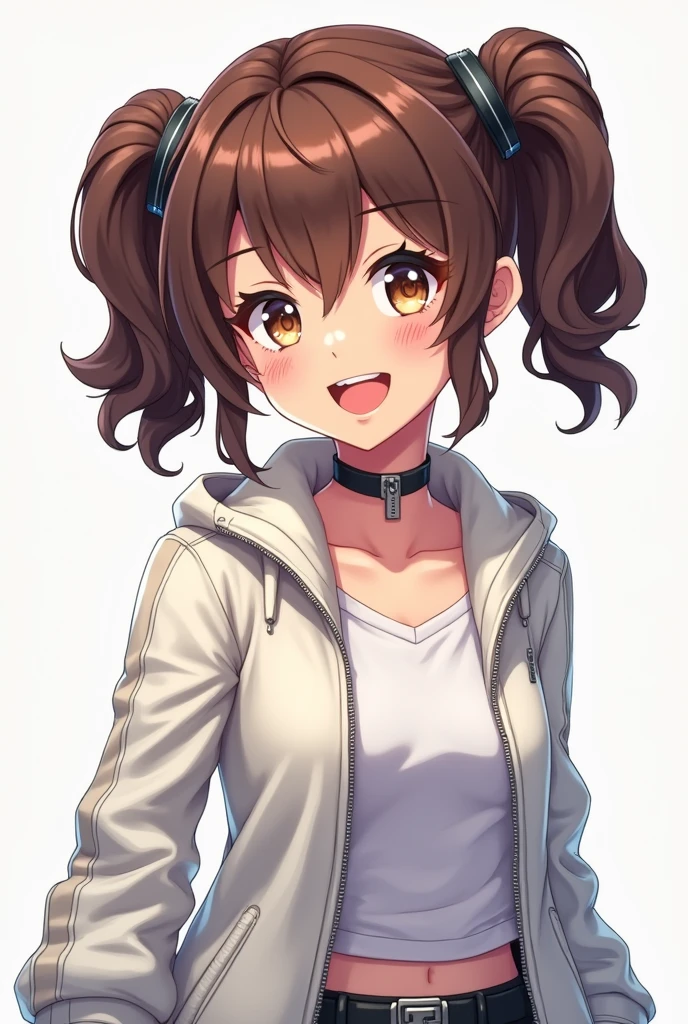 masterpiece,natsuiro matsuri,1girl,orange jacket,black camisole with light green ribbon,green hair ribbon,open shoulder,navel,ahoge,brown hair,green eyes,side ponytail,small breasts,flat chest,evil smile,holo live, bottomless, masturbation