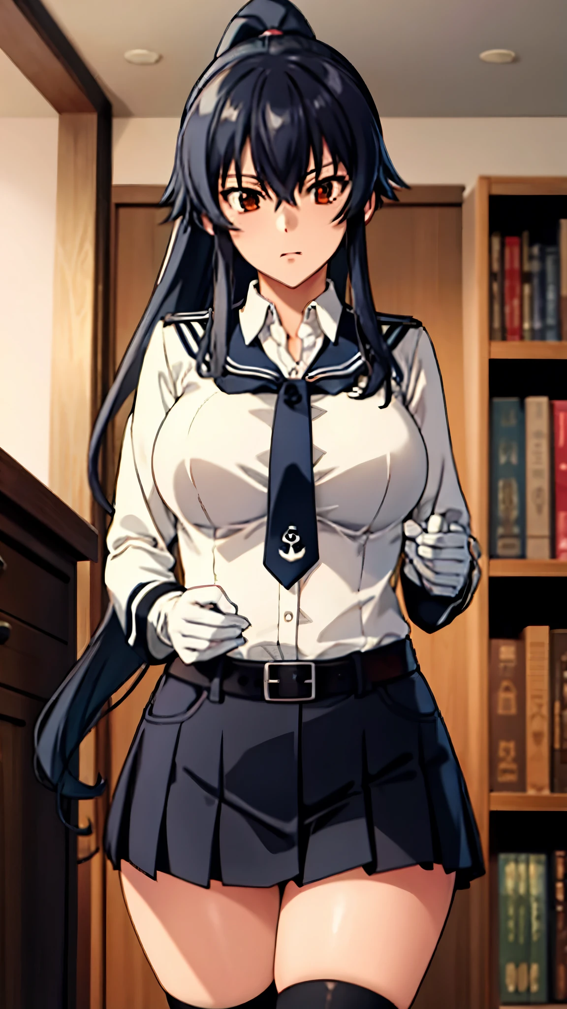 Highest quality, masterpiece, High resolution, 1 person, {Fleet Collection_Yao:1.15}　yahagi_kantaicollection　Long Hair、black髪、ponytail　サイドロック black_belt, black_[Sailor suit_collar, Long sleeve, [Sailor suit_collar, shirt, belt_buckle, black_skirt, プリーツskirt, white_gloves, white_shirt, buckle, button, jacket, orange_neckerchief, black_Knee-high socks　(Big Breasts)　Full body view　library　Between the bookshelves　Gentle expression　Composition looking up from below