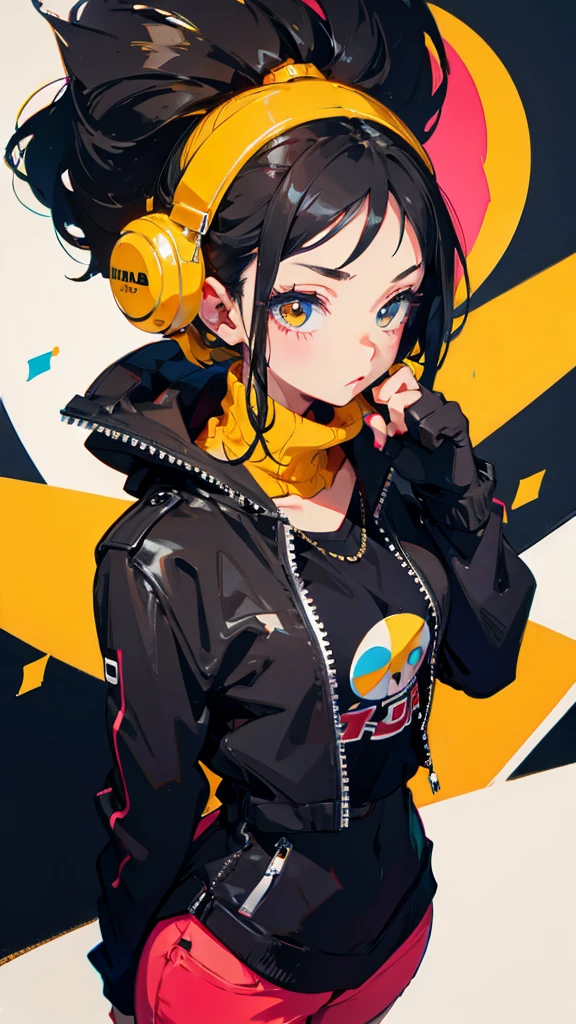 1girl,solo,colorful,yellow eyes,cyberpunk,city,peace sign,earrings,purple hair,eye patche,freckles,prothesis,mechanic,neon,beautiful lighting,purple reflection,cap,smoking,character focus,cg illustration,bust shot,yellow and black outfit,black hair,