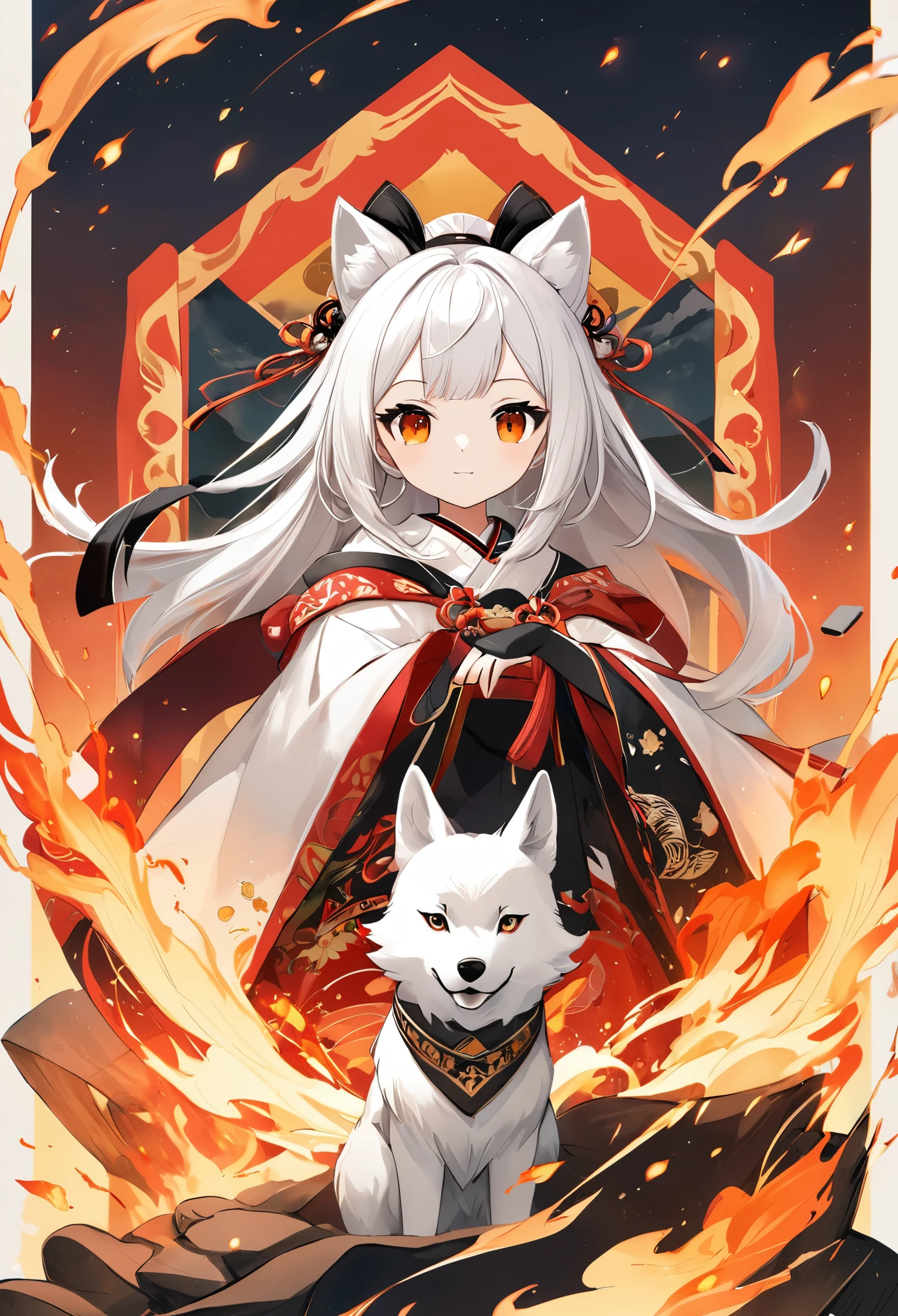 Dough, Thick Paint, digital art, poster design, Onmyoji, white wolf that controls fire, fire effects, cool depiction, #magic, close-up of a girl