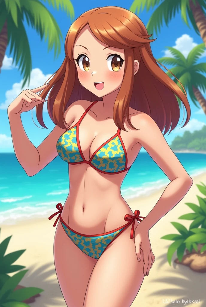 Anime girl light skin tone , Brown hair, in green bikini ,very voluptuous , turned,
With a happy look,wide hip