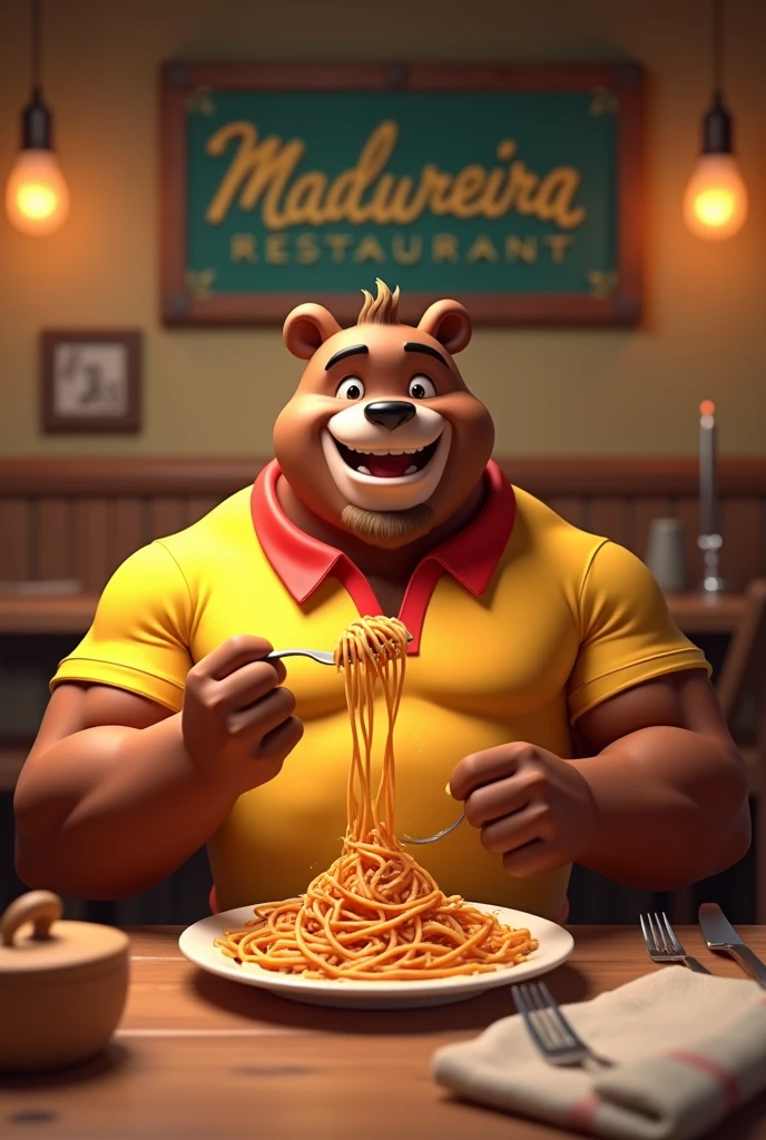 Adult bear, friendly and smiling face,stark , muscular and toned, anime 3 d, Wearing a polo shirt, written MADUREIRA RESTAURANT, serving a plate of feijoada with black beans and lots of pork