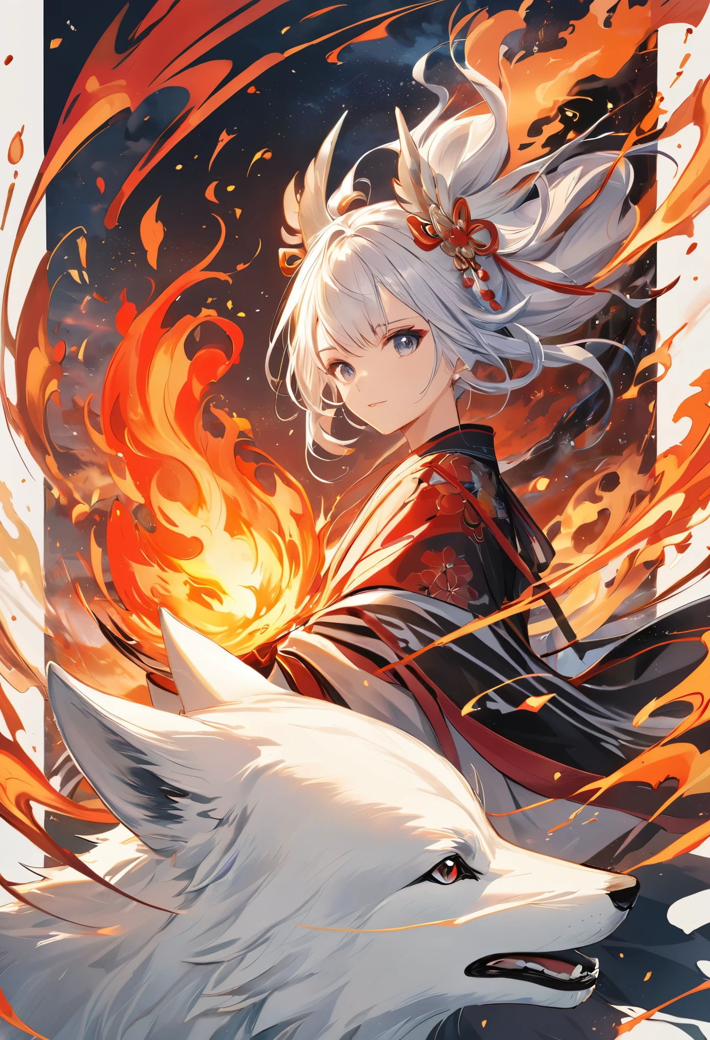 Dough, Thick Paint, digital art, poster design, Onmyoji, white wolf that controls fire, fire effects, cool depiction, #magic, close-up of a girl