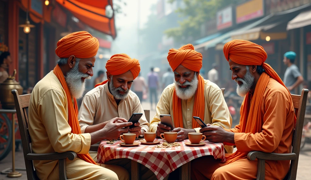 Four friends ramesh Hindu, Abdullah Muslim, guru singh sikh and  rustam parsi in park seats on bench,
They played in mobile phones. 
Behind their standing Christian thief there